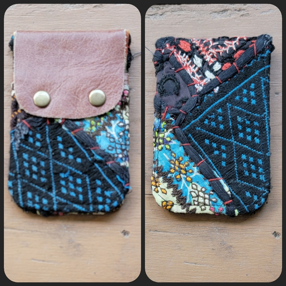 🧠🍳 Free People Boho Embroidered Repurposed vtg banjara hippie Wallet card case
